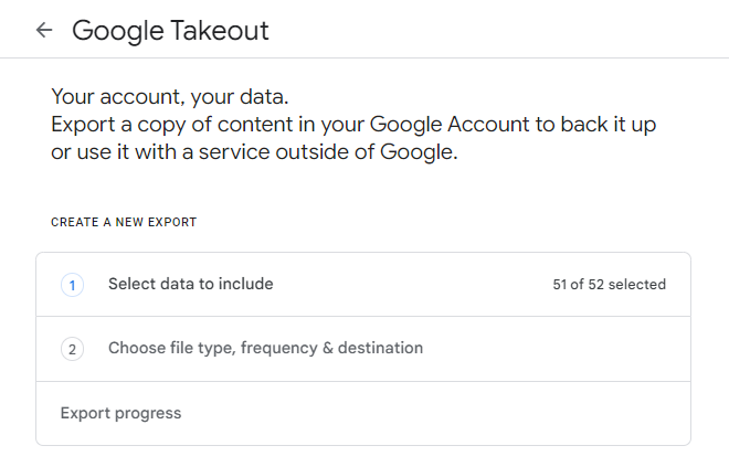 Google Takeout page Create Export
